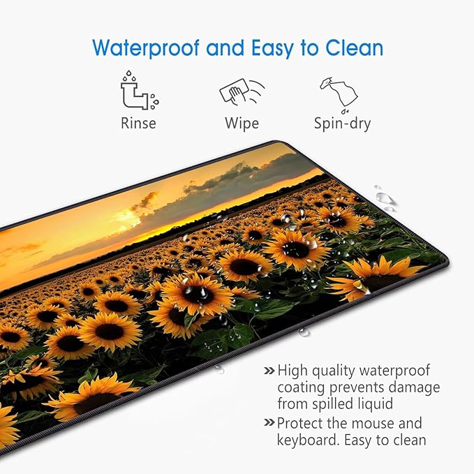 Desk Pad Mat Gaming Mouse Pads with Coasters Set, Stitched Edges Design Mouse Pad XXL Large Mouse Pad for Laptop Computers Sunflower Field Desk Writing Mat for Office & Home 31.5x 11.8