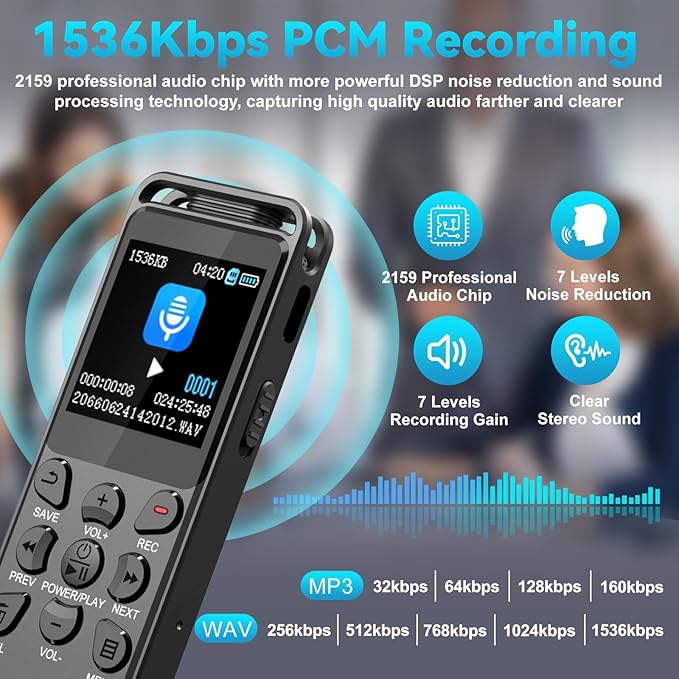 144GB Digital Voice Recorder with Playback, Volorful 1536Kbps Audio Recorder for Interviews Meetings, Voice Activated Recorder Recording Device with Noise Reduction, MP3 Stereo Player, Microphone