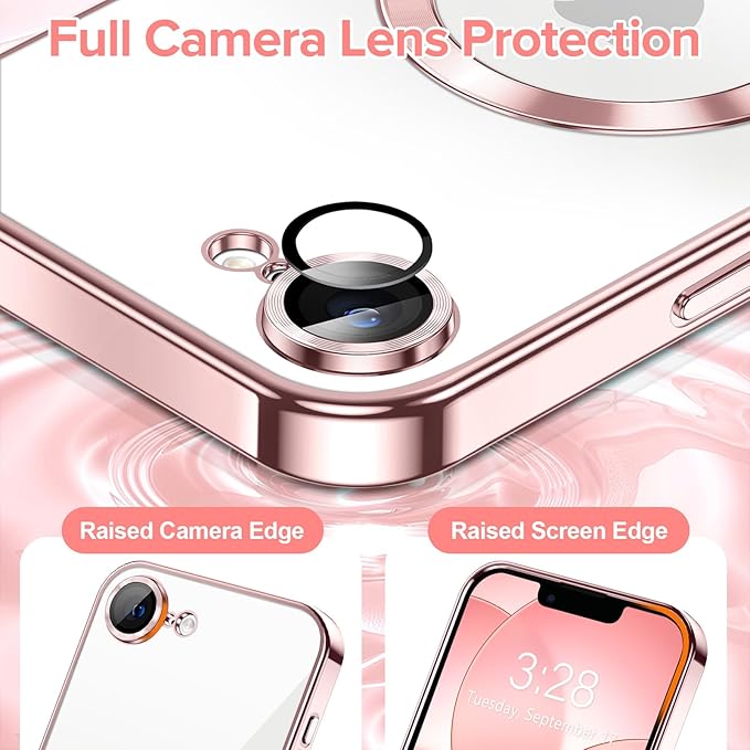 Hython Magnetic Clear for iPhone 17e Case with Camera Lens Protector [Compatible with MagSafe] Luxury Plating Edge Slim Soft TPU Cover Protective Phone Case for iPhone 17e 6.1", Pink