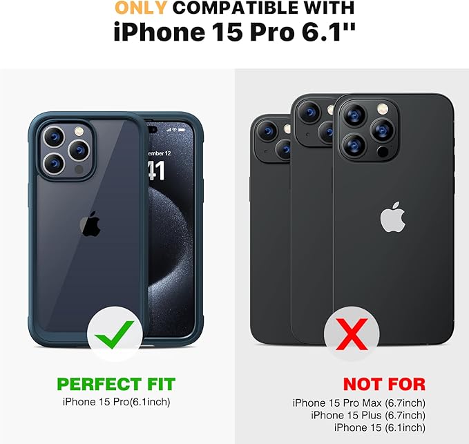 Diaclara Designed for iPhone 15 Pro Case, [Military-Grade Drop Proof] Full-Body Bump Case with Built-in Shockproof Screen Protector, [Camera Lens Protector] Cover for iPhone 15 Pro 6.1"(Deep Blue)