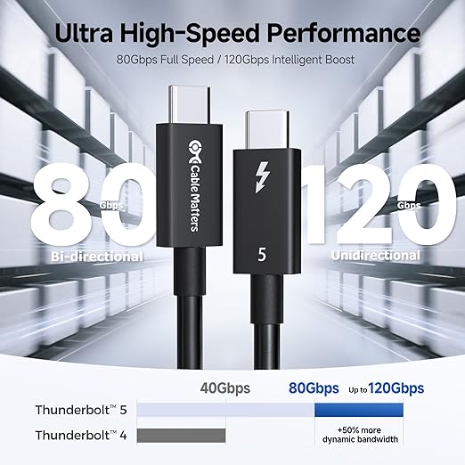 Cable Matters [Intel Certified 80Gbps Thunderbolt 5 Cable - 1m / 3.3ft, Supports up to 120Gbps Bandwidth Boost and 240W Charging, Compatible with Thunderbolt 4, USB4, and USB C, Black