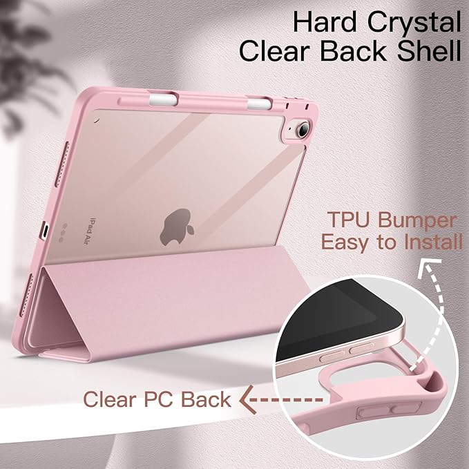 JETech Case ONLY for iPad Air 11-Inch M4/M3/M2 (2026/2025/2024), iPad Air 5/4 (2022/2020 5th/4th) with Pencil Holder, Clear Transparent Back Slim Stand Shockproof Tablet Cover (Pink)