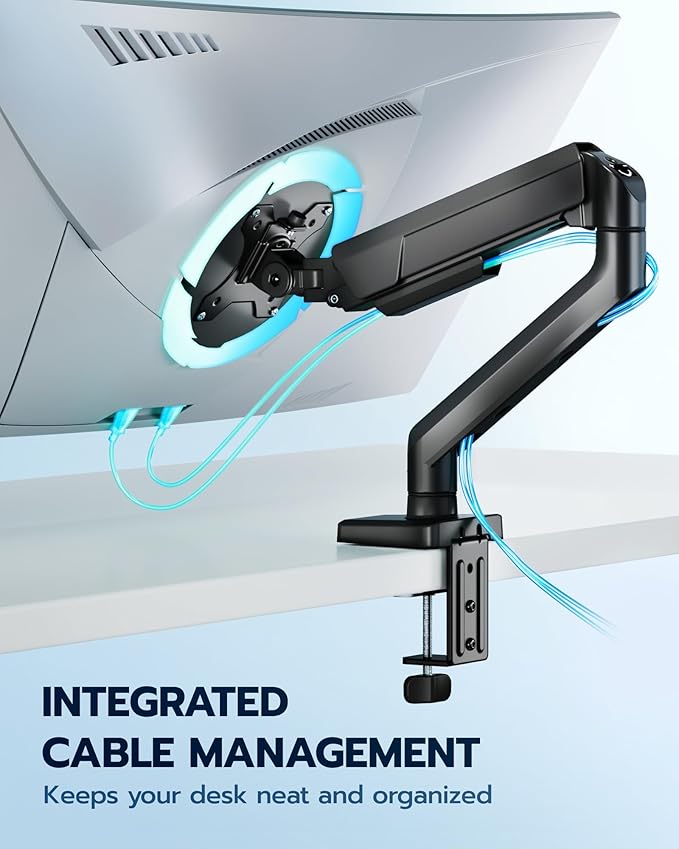 ARES WING Heavy Duty Single Monitor Arm - Fully Adjustable Monitor Mount for 17"-40" Ultrawide Screens up to 26.4 lbs with Clamp/Grommet Desk Mount, 75/100 Vesa Mount, Black