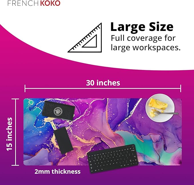 French KOKO Large Mouse Pad, Desk Mat, Keyboard Pad, Desktop Home Office Decor School Essentials College Cute Extended Laptop Protector Accessories Pretty Mousepad Women Girls Big Marble Purple