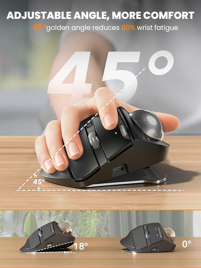 SABLUTE MAM1 Pro Ergonomic Wireless Trackball Mouse, Adjustable 0°/18° Angle, Thumb Control, Quiet Clicks, 3 Multi-Device Bluetooth & USB Receiver, Rechargeable Mouse for Office, Windows Mac