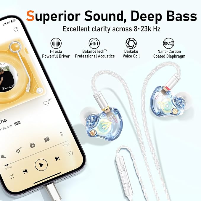 Vibes 202ML Wired Earbuds - HiFi in Ear Headphones for iPhone 5–14, Noise Isolating Ear Buds w/ Mic - Clear Sound, Deep Bass, Comfort-Fit Earphones - MMCX–LTN, Silver Plated Cord, Carrying Case