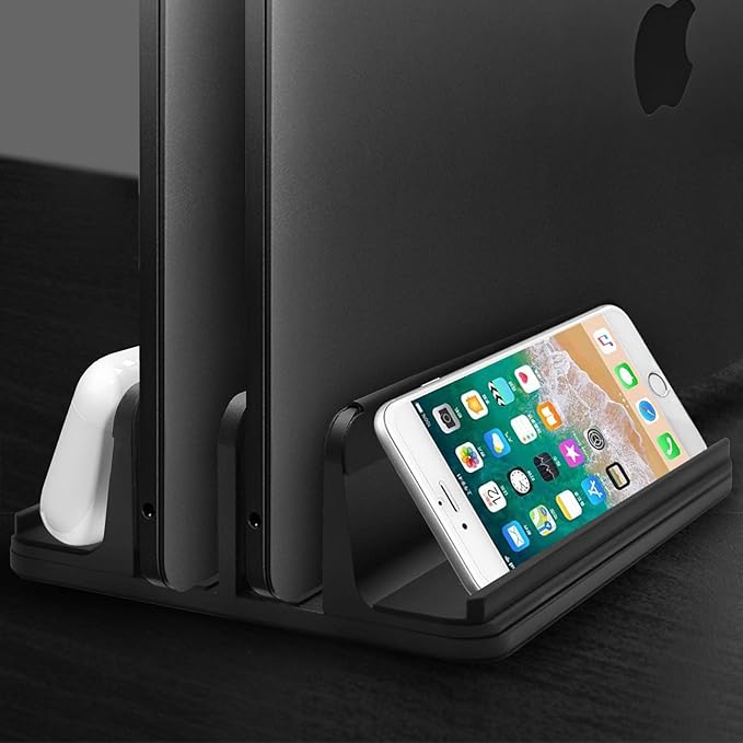 Vertical Laptop Stand for Desk 4 Slots Heavy Duty, Double Adjustable Stands Tablet Holder Metal Compatible w‘ All MacBook Surface Dell Samsung HP Chromebook Upto 17.5'- Black