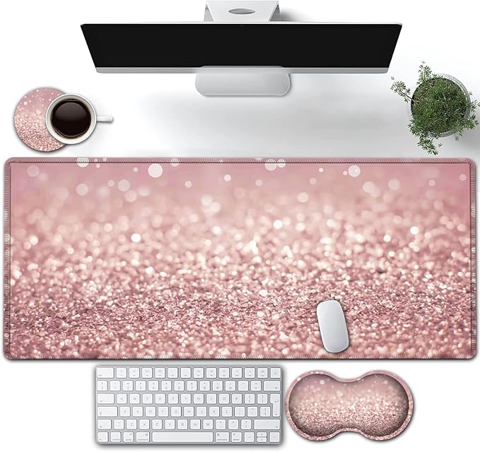 Large Gaming Mouse Pad, Extended Waterproof Desk Pad Protector (31.5" x 11.8") Ergonomics Memory Foam Mouse Wrist Rest Support, for Home Office Laptop Easy Typing, Pink Gilt XXL Pink Mouse Mat