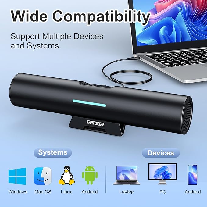 Computer Speakers for Desktop PC Monitor, USB or Type C Plug-in Soundbar, Clip-On Speaker, Wired Laptop Gaming Speakers with Volume Wheel & One-Touch Mute, Compatible with Mac Windows iPhone iPad