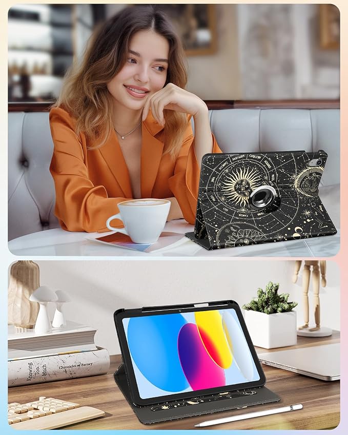 Kidcube for iPad 10th Generation Case 2022, for iPad (A16) Case 11th Generation 2025 - Women Girls Cute Rotating Stand Folio Cover with Pencil Holder & Card Slot Girly Sun Moon Star Design Teens Cases