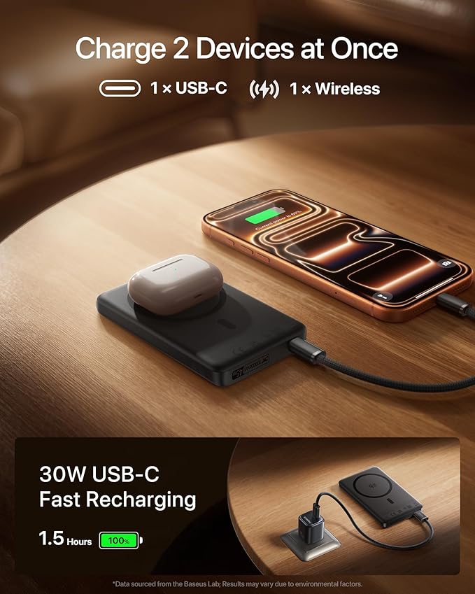 Baseus Picogo AM52 MagSafe Power Bank, Qi2.2 25W 10,000mAh Magnetic Portable Charger, 0.6" Slim 45W USB-C Fast Charging Alloy Wireless Battery Pack, Travel Essential for iPhone 17/16/15/14/13/12 Only