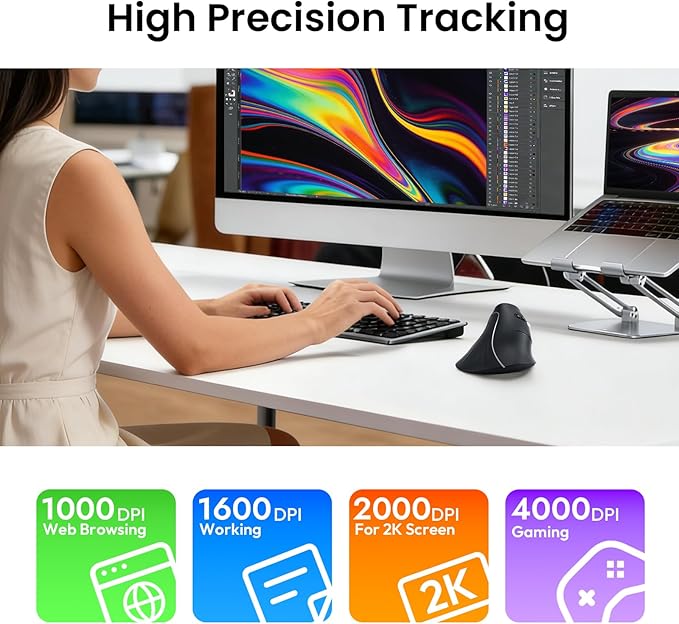 CITLLA Wireless Ergonomic Vertical Mouse, Rechargeable Tri-Mode (Dual Bluetooth + 2.4G USB) Optical Mouse with Adjustable RGB Lighting, Multi-Device Control for Laptop, PC, Mac, iPad, Desktop (Black)