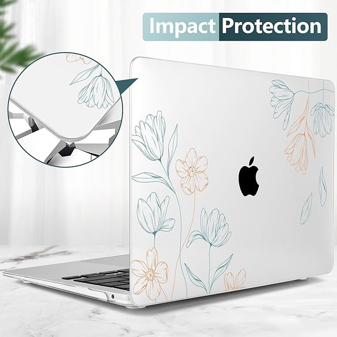 TWOLSKOO for MacBook Air 13.3 inch Case 2021 2020 2019 2018 Release M1 A2337 A2179 A1932 with Touch ID, Plastic Hard Shell Case & Keyboard Cover & Type C Adapter, Engraved Floral