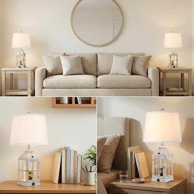 25" Farmhouse Table Lamp for Living Room, Table Lamps Set of 2 with USB Port and Nightlight, Rustic Table Lamp for Bedroom, Bedside Lamp for Nightstand, End Table, Home, LED Bulbs Included (White)