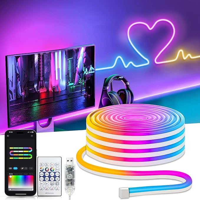 Smart Neon Rope Lights USB, 16.4Ft LED Rope Lights IC & RGB Color Changing with APP Control, Music Sync Neon Strip Lights Outdoor Waterproof DIY for Gaming Room Living Indoor Decor