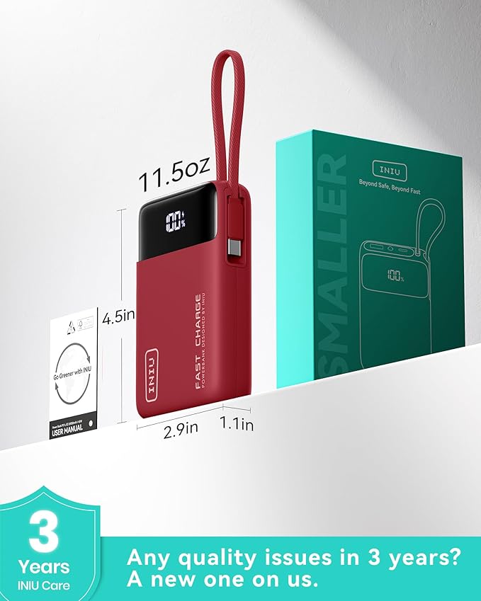 INIU 20000mAh Power Bank, Smaller 45W PD Fast Charging Portable Charger, Battery Pack with Build in USB C Cable, Travel Phone Flight-Safe Powerbank for iPhone 17 16 Samsung S26 Google iPad, Red