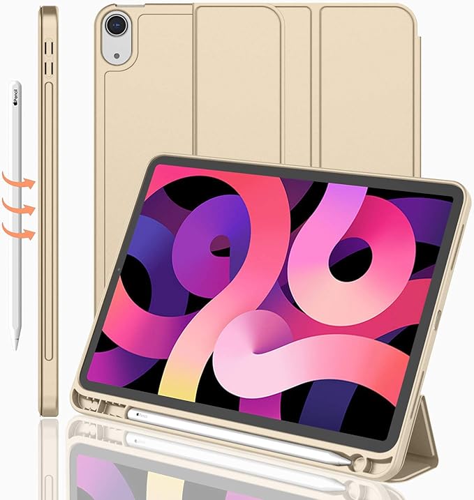 iMieet iPad Air 11 Inch Case M4/M3/M2(2026/2025/2024), iPad Air 5th/4th Generation Case 2022/2020 10.9 Inch with Pencil Holder,Trifold Stand Smart Case with Soft TPU Back(Champagne Gold)