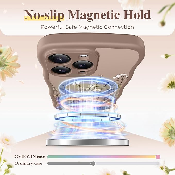 GVIEWIN for iPhone 15 Pro Case Compatible with MagSafe [Curly Wave Edge][Full Camera Protection] Floral Translucent Shockproof Magnetic Women Phone Case for iPhone 15 Pro 6.1'', Floratopia/Brown