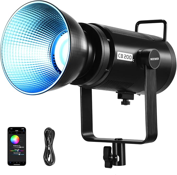 NEEWER 200W RGBWW COB LED Video Light with Diffuser, APP/2.4G 360° Color 2500K-7500K 23000lux/m Bowens Metal Shell Silent Continuous Output Lighting TLCI/CRI97+ for Photography Video Recording, CB200C