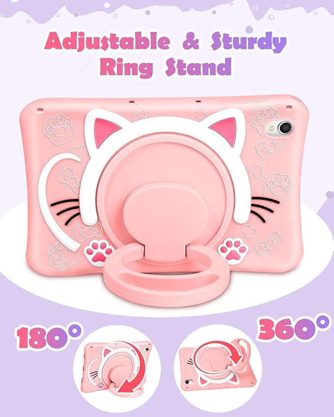 Wazzasoft for Samsung Galaxy Tab S9 Case 11 Inch - Cute Cartoon Kawaii Cat Kitten Girls Girly 3D Soft Silicone Tablet Cover with Rotating Stand & Strap Funda for Galaxy Tab S9 Case