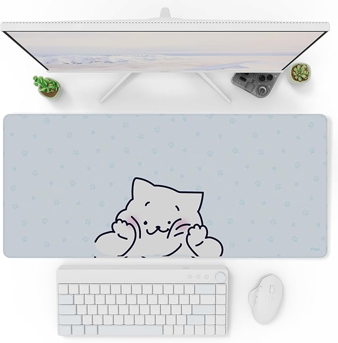 Pixio Mouse Pads - 36 x 16 inch XXL Squishy Cat Light Blue Multifunctional Large Desk Mats for Gaming, Office, Desktop Anti-Slip Waterproof Washable Computer Mouse Mat