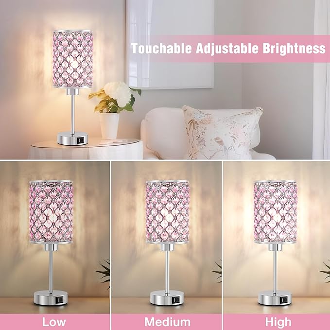 GyroVu Crystal Table Lamp, Pink Touch Lamp with USB C+A Ports, Dimmable Lamp with Crystal Shade, Bedside Lamp Small Lamp for Girl Bedroom, Living Room(Buld Included)