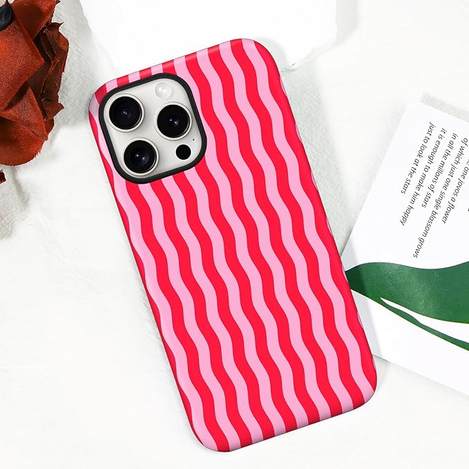 Magnetic for iPhone 15 Case Cute Wavy Stripes Phone Case, Shockproof Slim TPU and Hard PC Protective Phone Cover Compatible with MagSafe Designed for Women Girls, Red