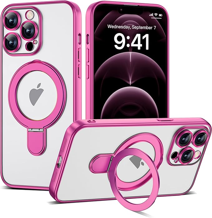 Compatible with iPhone 12 Pro Max Case with Magnetic Ring Stand [Compatible with Mag-Safe] [Full Camera Lens Protector] Soft Plating Clear Phone Case for iPhone 12 Pro Max 6.7", Rose