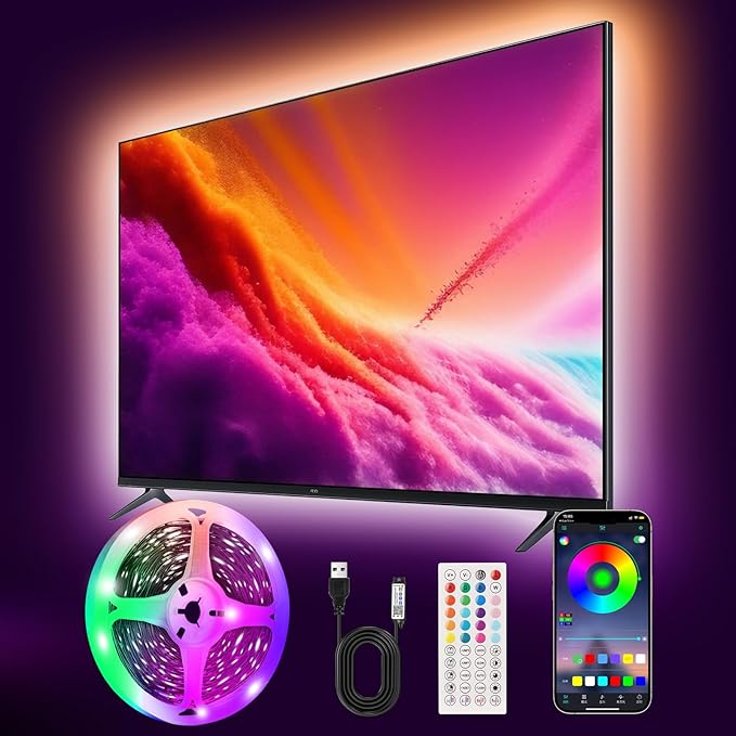 PSTAR LED Lights for TV Led Backlight, 16.4ft Music Sync RGB Strip Lights with Remote & App Control, USB Powered for 45-75 Inch TVs, Computer, Bedroom, Gaming Setup, Home Cinema