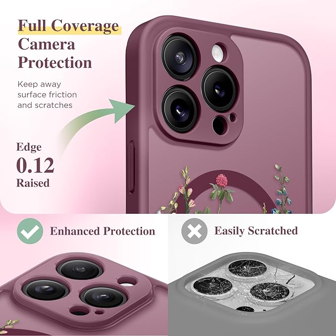 GVIEWIN for iPhone 16 Pro Case Compatible with MagSafe, [Military Grade Protection] [Screen Protector] Full Camera Protection Floral Translucent Women Magnetic Phone Case, Wild Petals/Red