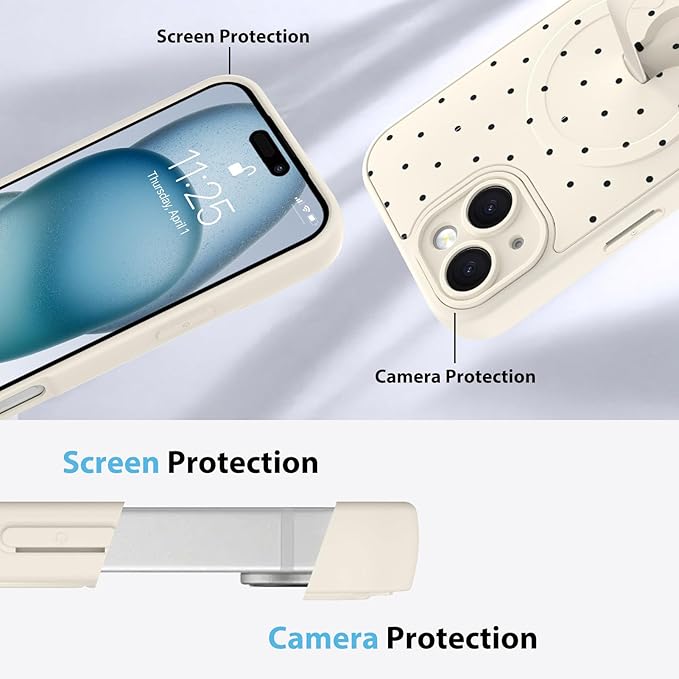 KANGHAR Compatible with iPhone 15 Case, Support for MagSafe, Silicone Spot Cute Pattern, Wristband Kickstand Camera Protection Soft Slim Cover for Girls Women -White