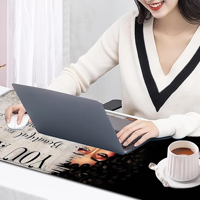 Large Mouse Pad, 31.5 x 11.8in Extended Gaming Mouse Pad with Stitched Edges, XXL Mousepad Protector Non Slip Rubber Base for Office & Home Writing Mat,African American Women Black Girl Black Desk Mat