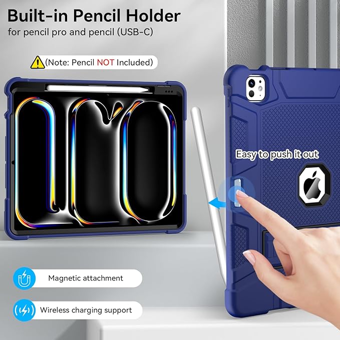 Case for iPad Pro 13 Inch Case (M5 2025/ M4 2024) with Pencil Holder, Built-in Stand, Military Grade Shockproof Protective Cover for iPad Pro 13" 8th/ 7th (Navy Blue)