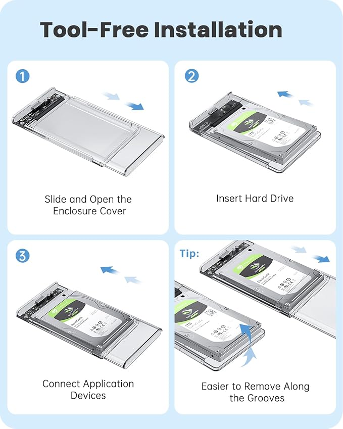 POSUGEAR 2.5'' External Hard Drive Enclosure, 6Gbps USB C 3.1 Gen 2 to SATA III Tool-Free Clear External Hard Drive Case for 7mm/9.5mm 2.5 inch SSD HDD with UASP Compatible with WD Toshiba Samsung PS4