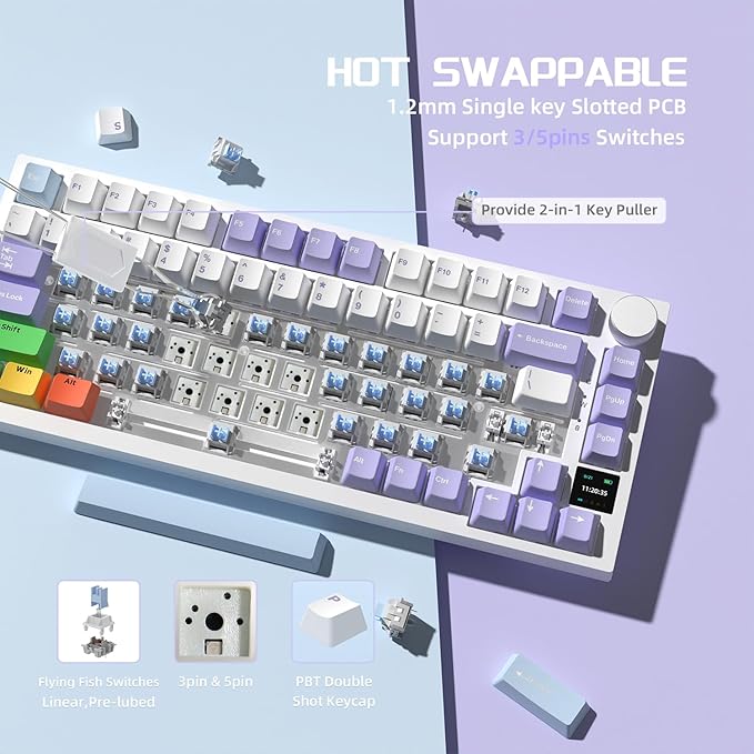 Attack Shark ajazz AK820 Pro 75% Mechanical Keyboard and Coiled Cable Hot Swappable Wireless 2.4GHz/Bluetooth/Wired TFT Screen & Knob Flying Fish Switch RGB Gasket Mount Custom Keyboard-Purple