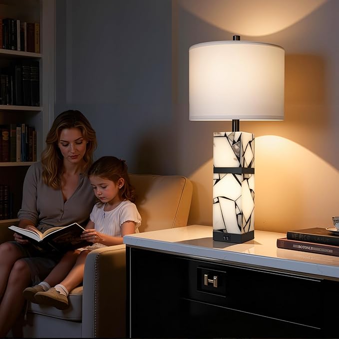 Scenekoy 27" Alabaster Table Lamps Set of 2 with Night Light for Living Room Bedroom, Nightstand Lamps with Linen Shade, Modern Bedroom Lamps with USB A+C Ports for Living Room Office (Bulb Included)