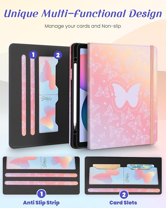 Kidcube for Samsung Galaxy Tab S6 Lite Case 10.4 Inch 2024/2022/2020 - Women Girls Cute Rotating Stand Folio Cover with Pencil Holder & Card Slot Girly Kawaii Butterfly Design Cases for Tab S6 Lite