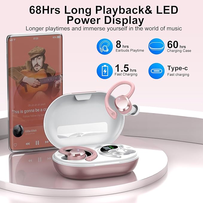 sprtoybat Wireless Earbuds, 2026 New Bluetooth 5.4 Headphones Sport Earphones with 68Hrs Playtime LED Display ENC Noise Cancelling Mic, IPX7 Waterproof Over Ear Ear Buds with Hook for Sports/Running
