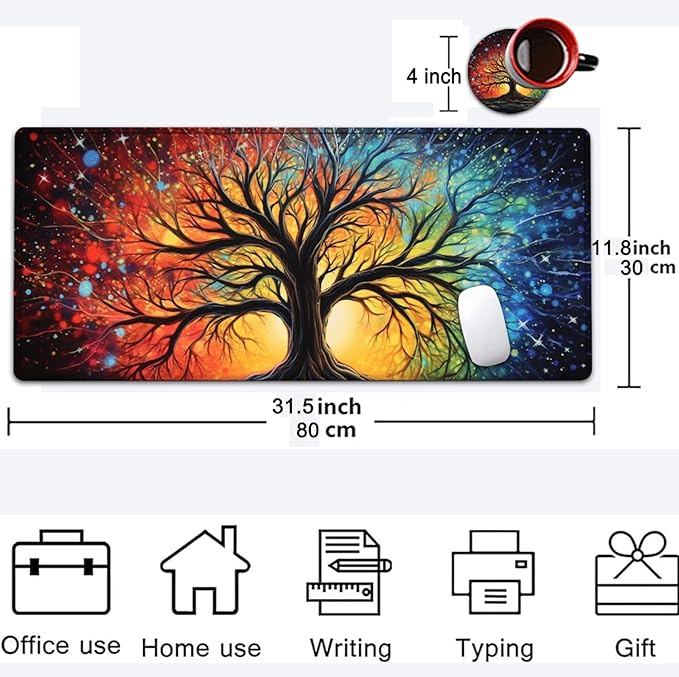 Large Mouse Pad, 31.5 x 11.8in Extended Gaming Mouse Pad with Stitched Edges, XXL Mousepad Protector Non Slip Rubber Base for Office and Home Writing Mat, Colorful Tree of Life Pattern Black Desk Mat