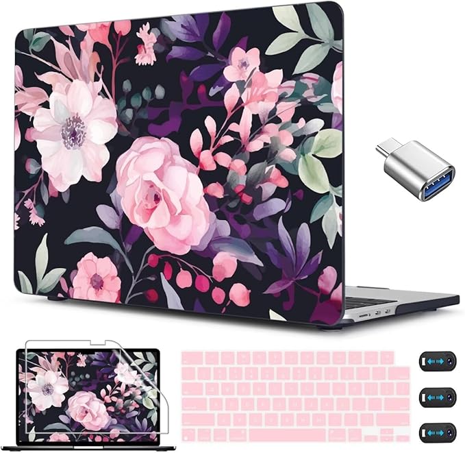 CISSOOK Compatible with MacBook Air 13.6 inch Case 2026 2025 2024 2022 Release A3449 A3240 A3113 A2681, Flower Plastic Hard Shell Case Black Cover for MacBook Air 13 inch M2 M3 M4 M5 - Pink Flowers