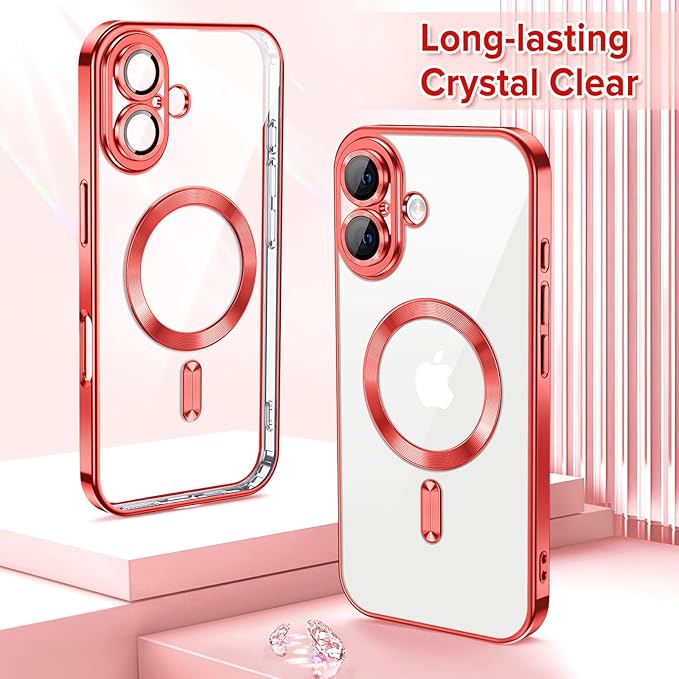 Hython Magnetic Clear for iPhone 16 Plus Case with Camera Lens Protector [Compatible with MagSafe] Luxury Plating Edge Slim Soft TPU Cover Protective Phone Case for iPhone 16 Plus 6.7", Red