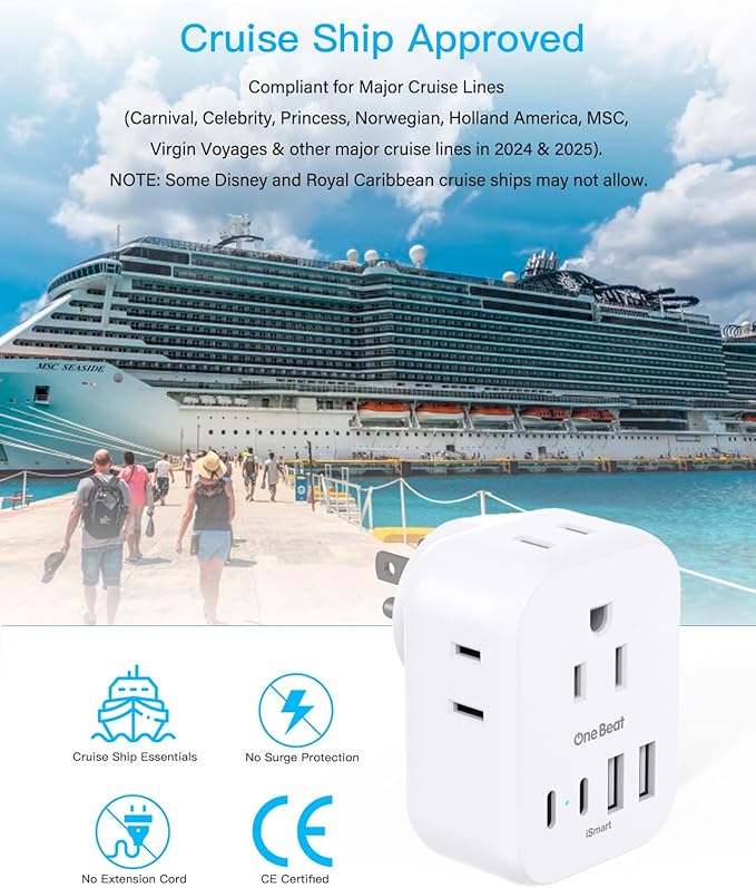 Travel Cruise Ship Essentials, Multi Plug Wall Outlet Extender with 4 Outlets 4 USB (2 USB-C), Cruise Approved Power Strip Non Surge Protector, Plug Adapter, Travel Cruise Must Have Accessories