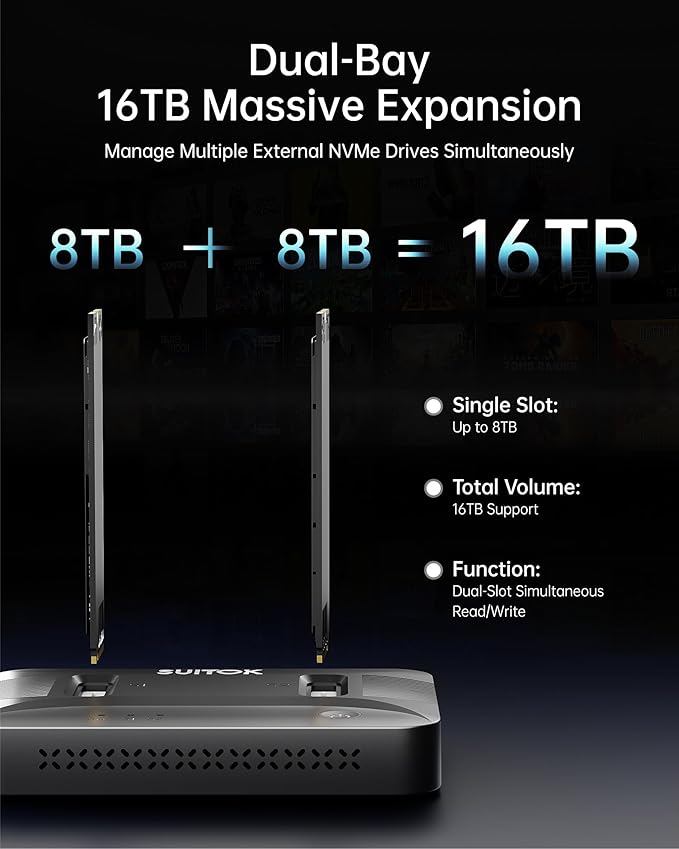 Dual-Bay NVMe M.2 SSD Reader 10Gbps USB C 3.2 Gen 2 Adapter Docking Station for 22110 2280 Gen4 PCIe Hard Drive 16TB External Enclosure Tool-Free Hot-Swap Black for PC PS5 Laptop - STK07 Lite