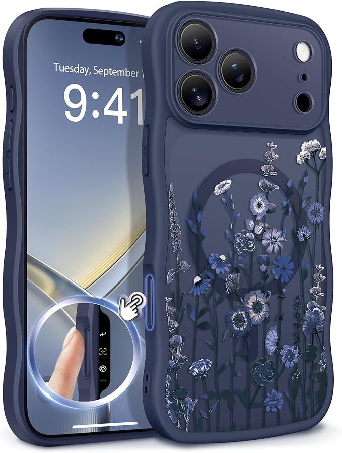 GVIEWIN for iPhone 17 Pro Max Case Compatible with MagSafe [Curly Wave Edge][Full Camera Protection] Floral Translucent Shockproof Magnetic Women Phone Case for 17 Pro Max, Floratopia/Blue