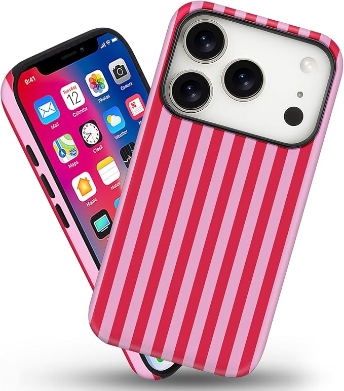 Magnetic for iPhone 17 Pro Case Cute Stripes Phone Case, Shockproof Slim TPU and Hard PC Protective Phone Cover Compatible with MagSafe Designed for Women Girls, Pink and White