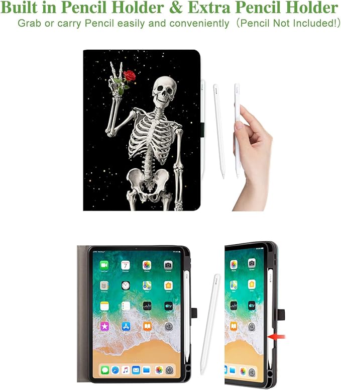 Vimorco for iPad Air 11 Inch Case M3/M2 2025/2024, for iPad Air 5th/4th Generation Cover 10.9-inch, for iPad Pro 11 Inch Case 4th/3rd/2nd/1st Generation Pencil Holder/Hand Strap/Pocket, Skull Rose