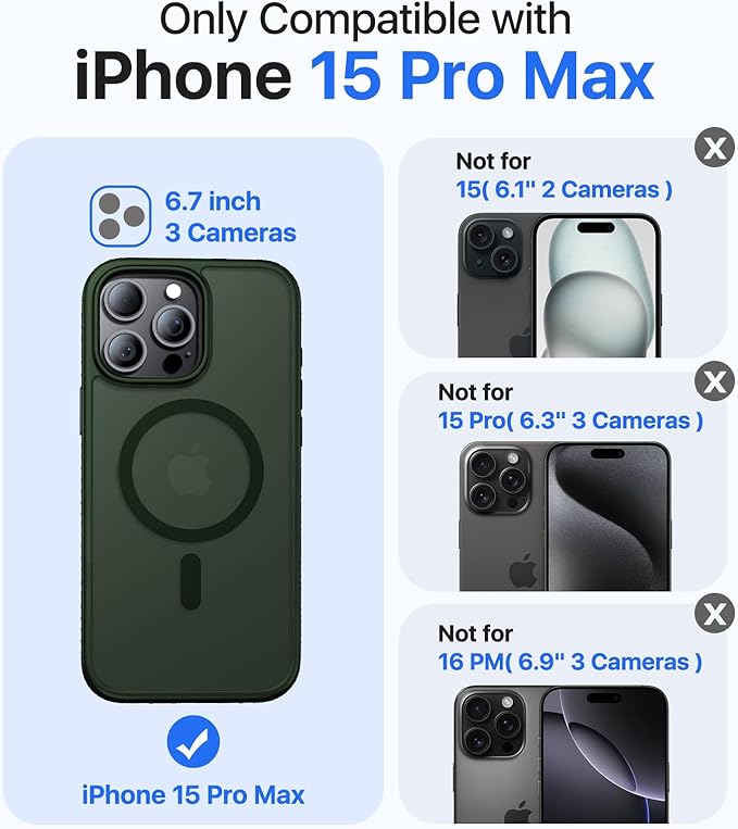 Magnetic for iPhone 15 Pro Max Case, [Compatible with MagSafe][Military-Grade Drop Protection][Anti-Yellowing] Shockproof Translucent Matte Cover for iPhone 15 Pro Max Phone Case,Forest Green
