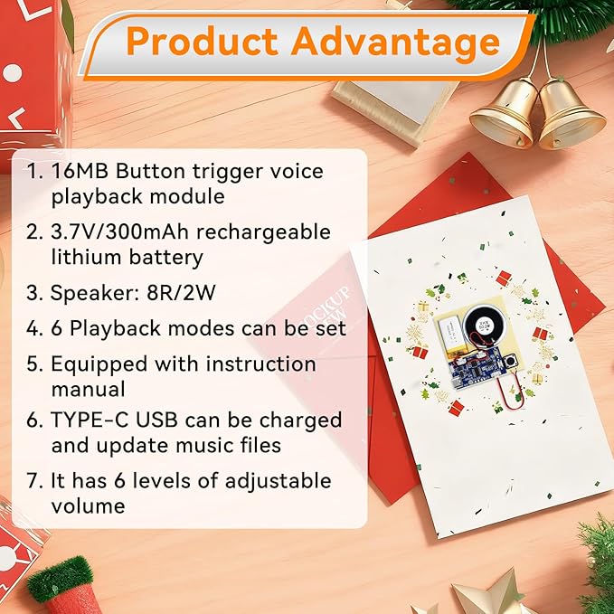 2PCS Sound Recorder Module DIY Music Voice Recording Module Chip with Speaker,Type-C Cable,Easy Recording Capability16 Minutes Music for Personalized Greetings, Holiday Crafts Cards with Manual