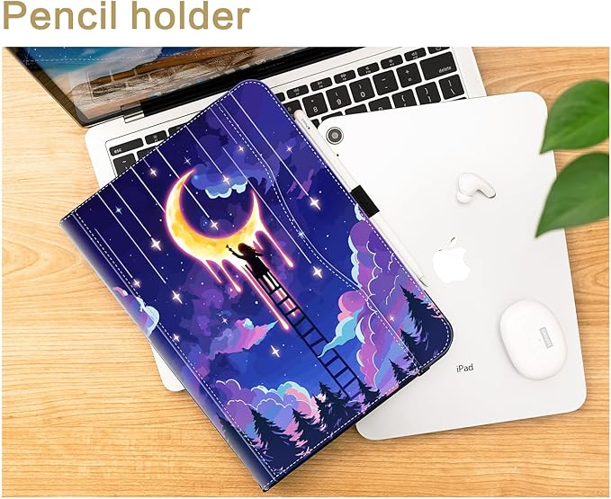 Vimorco Case for iPad (A16) 11th Generation 2025, for iPad 11th/10th Generation Case, Pencil Holder/Hand Strap/Pocket, Multiple Stand Protector Shell Cover, Auto Wake/Sleep, Fantasy Moon Oil Painting