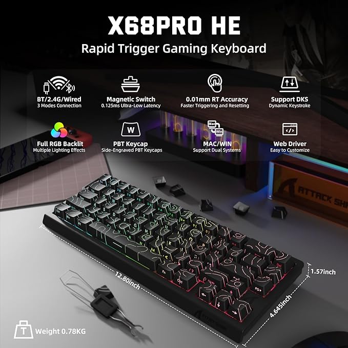 ATTACK SHARK X68 PRO HE Wireless Rapid Trigger Gaming Keyboard with Adjustable Actuation,8K Polling Rate,Hall Effect Magnetic Switch,Hot-Swap,RGB Backlit,BT/2.4GHz/Wired,for FPS Games-Black
